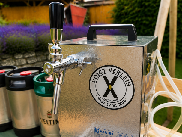 Zapfanlage mieten Aschersleben Kühlbehälter für Bier mit Zapfhahn und Logo, umgeben von Getränkebechern.